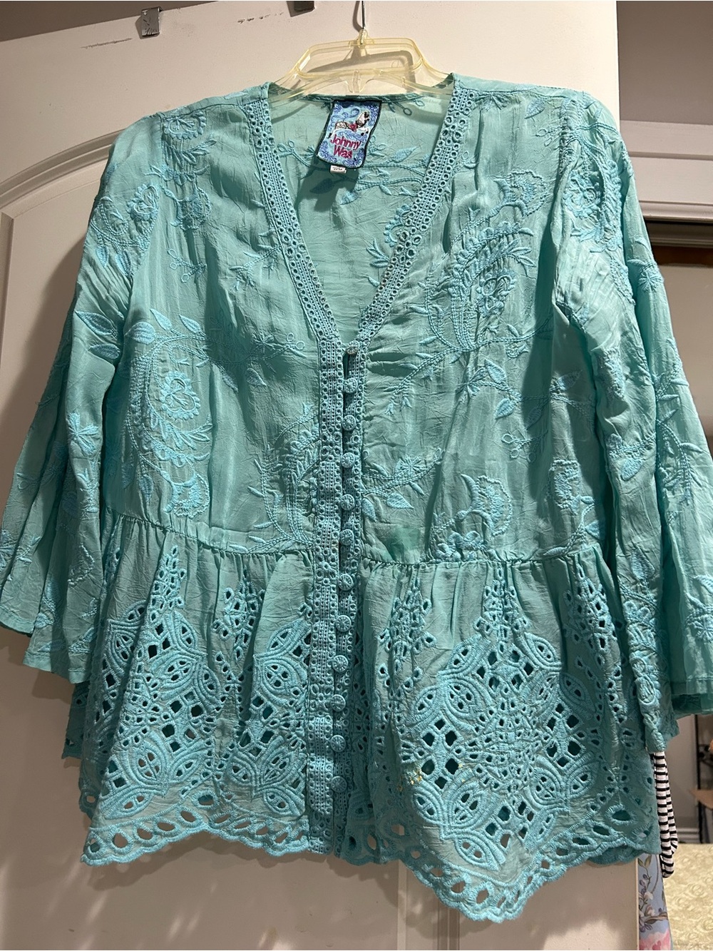 Johnny Was Turquoise Embroidered Crochet Peplum Blouse